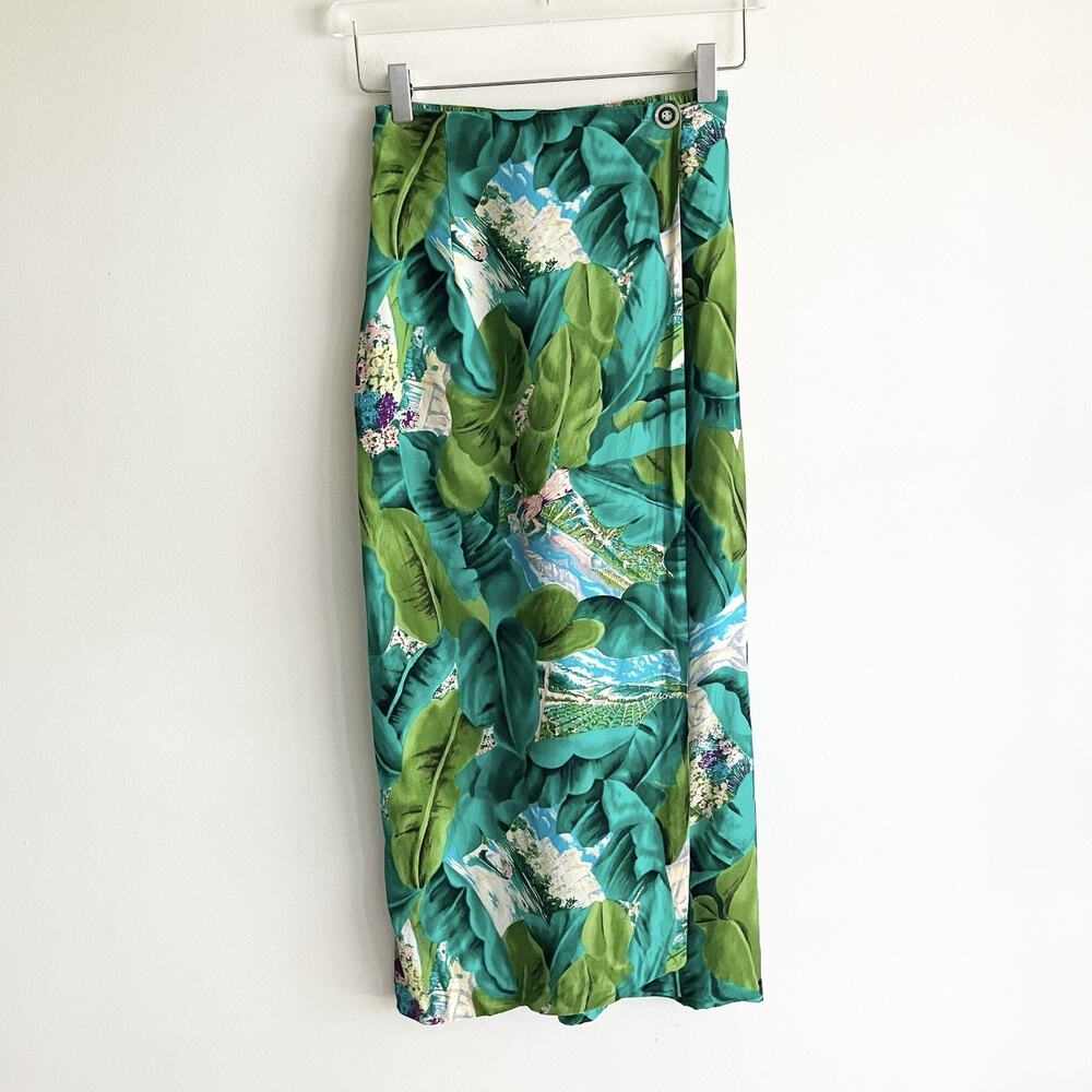 VTG 1980s Carol Anderson Collective Skirt USA XS Tropical Leaf Print Green Blue